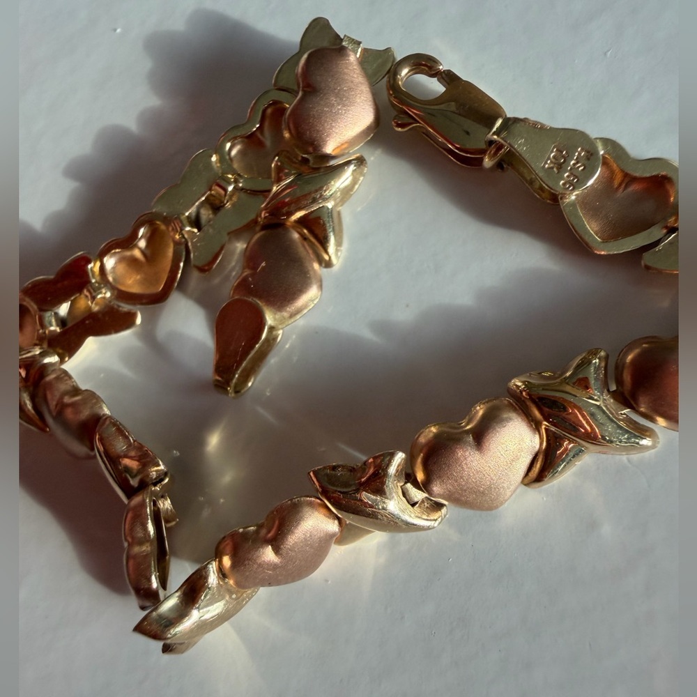 10K Solid Gold X & Heart Link Bracelet Two Tone Rose Gold 7” with Gift Box - Picture 5 of 16